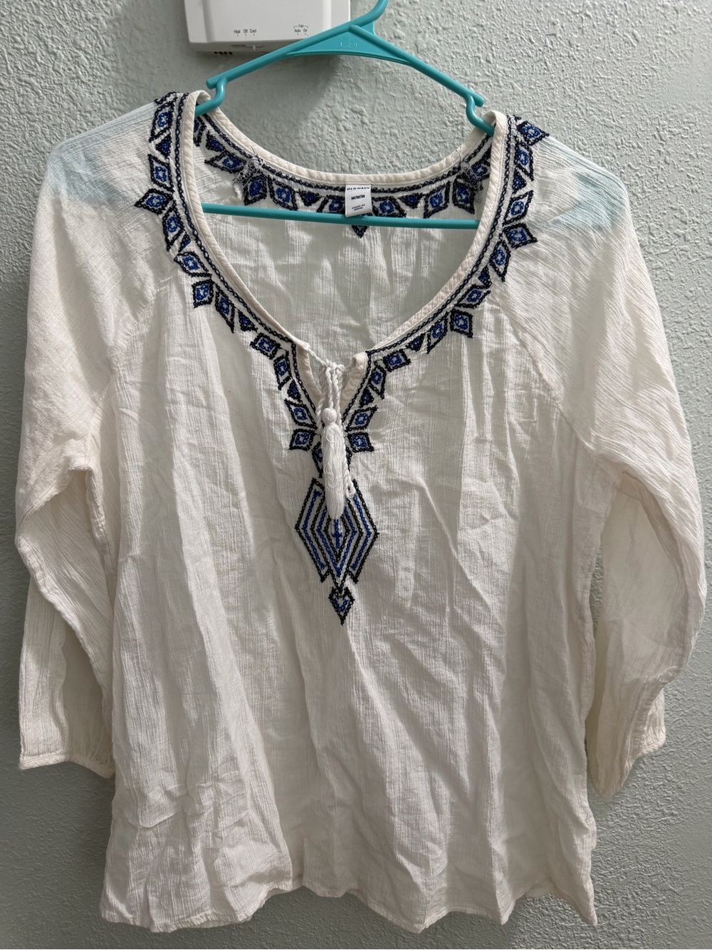 Old Navy White Blouse with Blue Embroidery